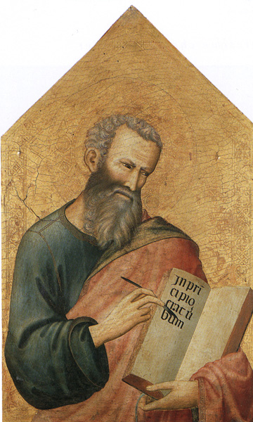 A panel painting of a bearded man with a halo, who is writing letters on an open book.
