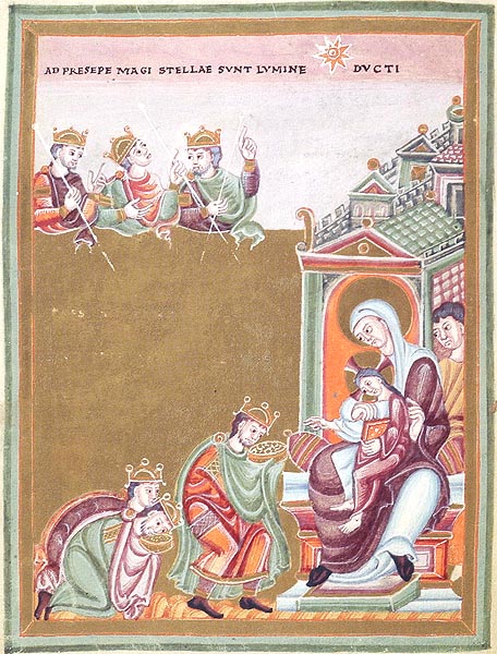 Detail of framed manuscript miniature depicting in the foreground, three crowned kings kneeling at foot of a seated veiled woman supporting male child, both wearing haloes, attended by a man behind her. Architectural setting in background and in upper left background three busts of crowned kings one looking up and another pointing toward star and Latin inscription in sky.