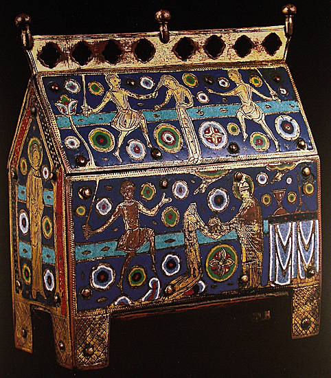 Obverse of enamel reliquary casket bearing representations of figures and ornament. 