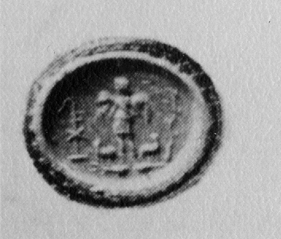 Black and white impression of a pressed oval gem depicting scene of a young man, wearing tunic, holding sheep over shoulders, standing on fish, and two sheep and a tree with dove and anchor with monogram.