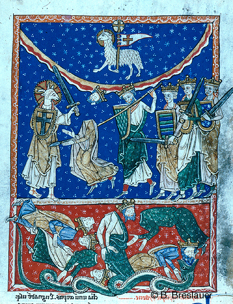 Whole page with two registers, the upper register containing haloed lamb in semicircle who holds staff surmounted by circle enclosing cross and banner with cross, above human body with haloed lamb’s head holding cross-inscribed shield and sword in front of decapitated crowned king and four crowned kings, all holding shields, the first holding spear and the other three holding swords; all against blue and starry background.  On lower register five decapitated crowned kings lying on ground, one decapitated head in mouth of serpent monster.