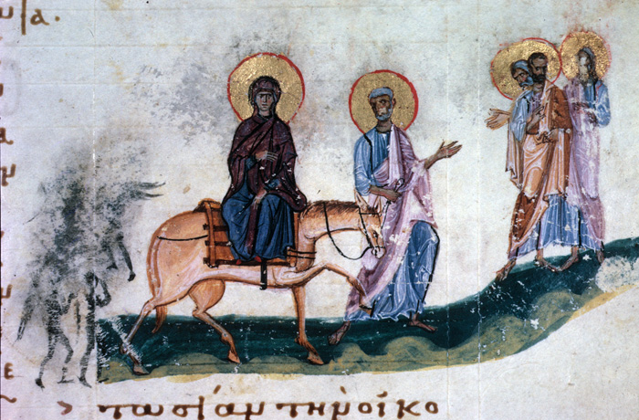 Illumination representing a female figure seated on a donkey led by a male figure, flanked by three barely visible devils on the left and three male figures on the right 