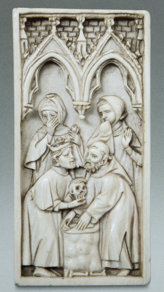 Ivory panel containing crowned king holding skull over sack of skulls, held by monk; behind, two men holding their noses, the first with his hand, the second with a cloth. All figures are within architectural setting.