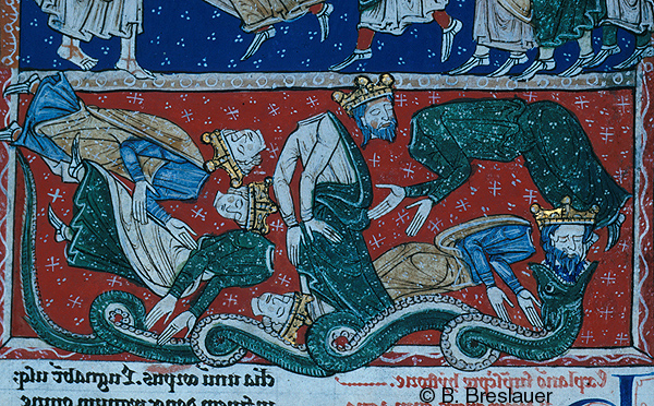 Five decapitated crowned kings lying on ground, one decapitated head in mouth of serpent monster.