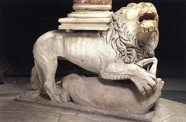 Marble lion attacking antelope, which forms the base of a column. 