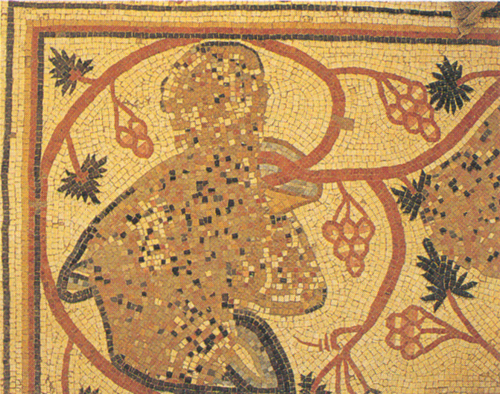 Mosaic detail of a corner border enclosing bust of a human figure surrounded by leafy grapevine with clusters of grapes. Some damage to figural details of the mosaic.
