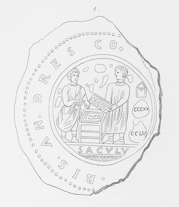 An engraving of a gold-glass medallion with two standing figures engaged in a business transaction and surrounded by an inscription in Latin.