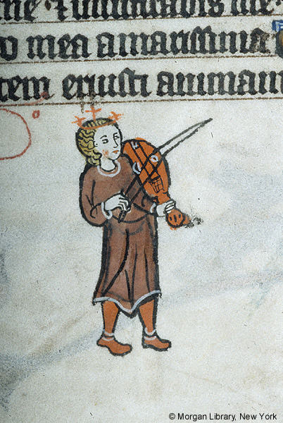 Detail of a manuscript page with lines of text above a man in a tunic, playing a fiddle.