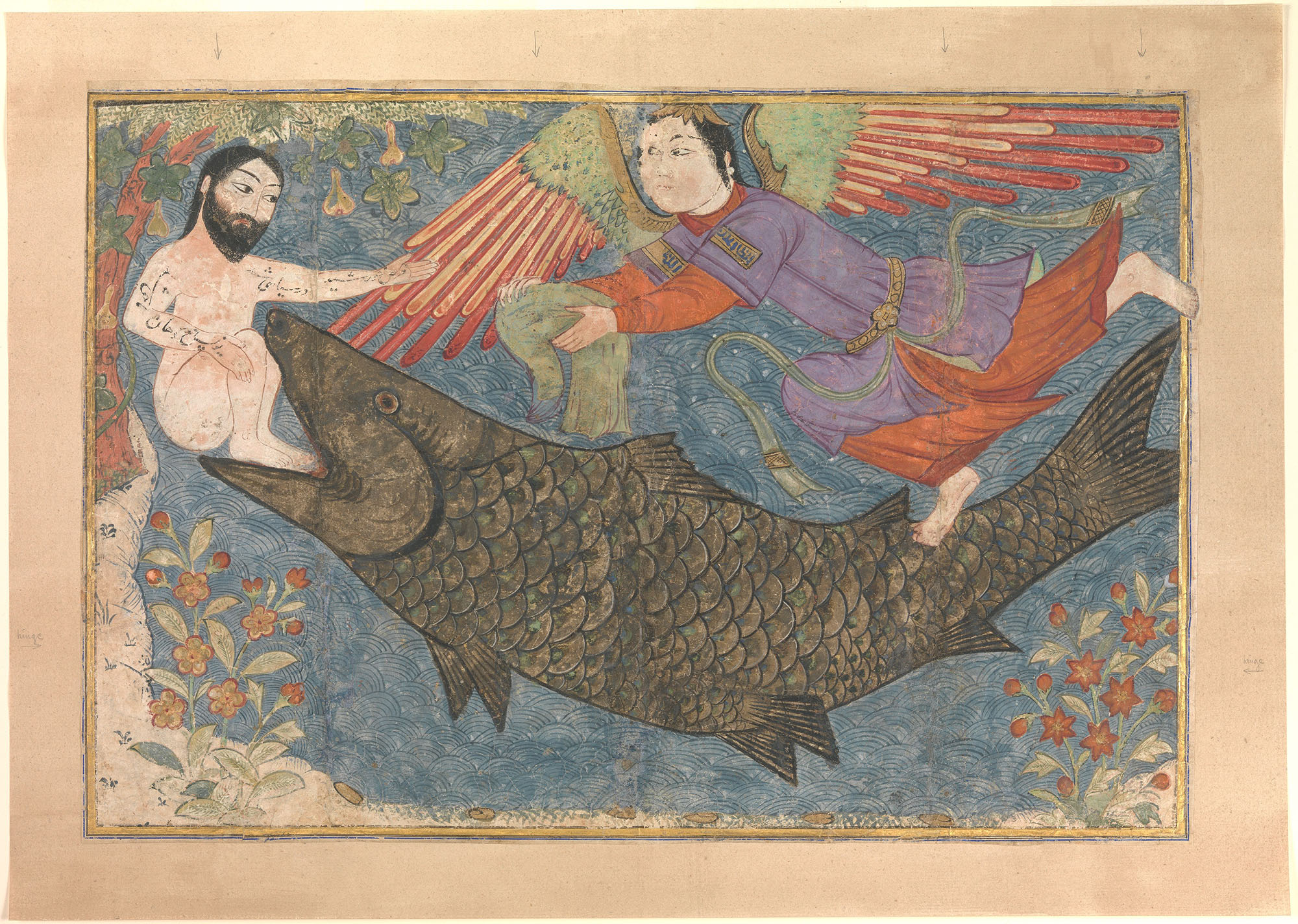 A painting of a naked man in the mouth of a fish with a winged figure above.