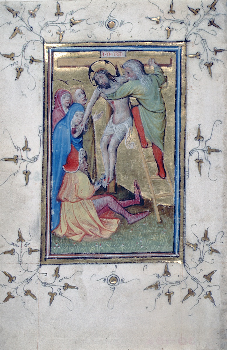 Manuscript leaf decorated with scene depicting the body of a man, wearing cross within halo around his head, crown of twisted branches, and short cloth at waist, bleeding in his right breast, right hand, and feet. His feet nailed to a T-shaped cross with inscription in Latin above. The body of man is supported by another man climbing ladder, to the left are three standing figures, two with halos around their head, the man raises his left hand, and of the two veiled women, the foremost brings the lowered man’s hand to her face. In the foreground, seated on a flowery and grassy ground, another man wearing pointed red hat with fur uses a tool to remove the nails from the feet. Gold background and marginal ornament of gold leaf spray patterns, balls, and penwork.