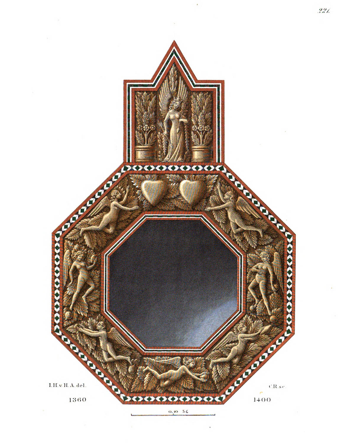 An engraving of a mirror with a bone frame carved with several winged figures.
