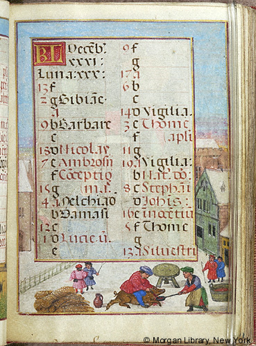 A manuscript page with text surrounded by scenes of a town in the snow and a hog being butchered.