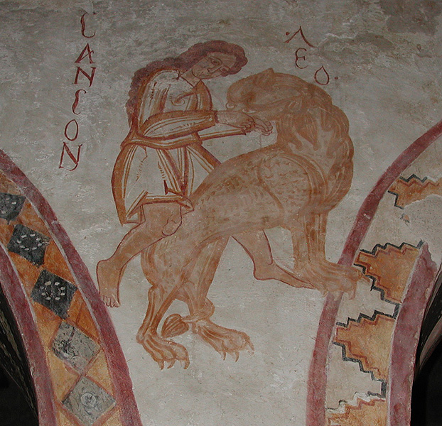 Painting representing male figure slaying a lion with inscriptions in Greek in red identifying the figures