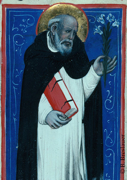 Bearded man with halo holding book in right hand and white flower in left hand.