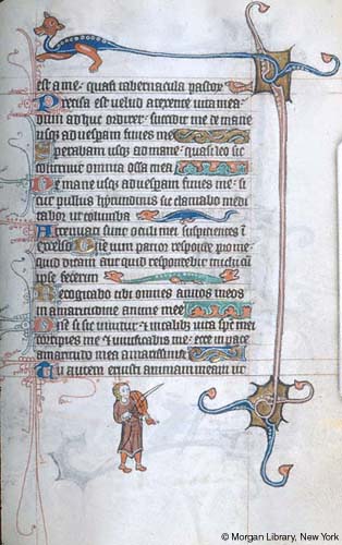 Manuscript leaf with a text block surrounded by ornamental bands, one ending in an animal body, with a man playing a fiddle in the lower margin.