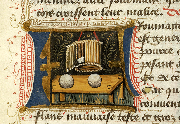 Manuscript detail of an initial L enclosing a miniature of cheesemaking, including a suspended drying basket above a table with two balls of cheese; surrounded on three sides by lines of French text and pen flourishing.