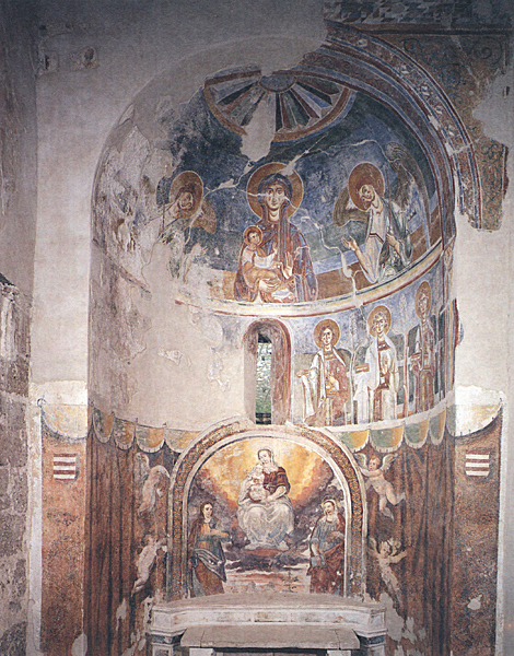 General view of apse with many figures painted in fresco, located at the east end of a church.