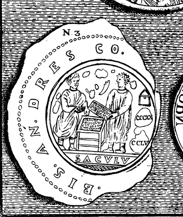 An engraving of a gold-glass medallion with two standing figures engaged in a business transaction and surrounded by an inscription in Latin.