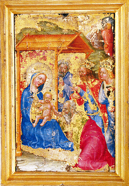 Within wooden structure, haloed woman wearing blue cloak, holding naked baby with halo beside bearded man, in front of three men, two wearing crowns, all holding vessels. In damaged upper right corner are two men. 