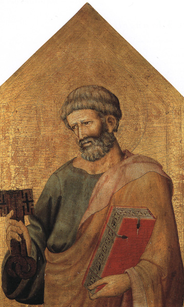 A panel painting of a bearded man with a halo, who is holding a large key in his right hand and a book in his left hand.