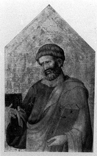 A black and white photograph of a panel painting of a bearded man with a halo, who is holding a large key in his right hand and a book in his left hand.