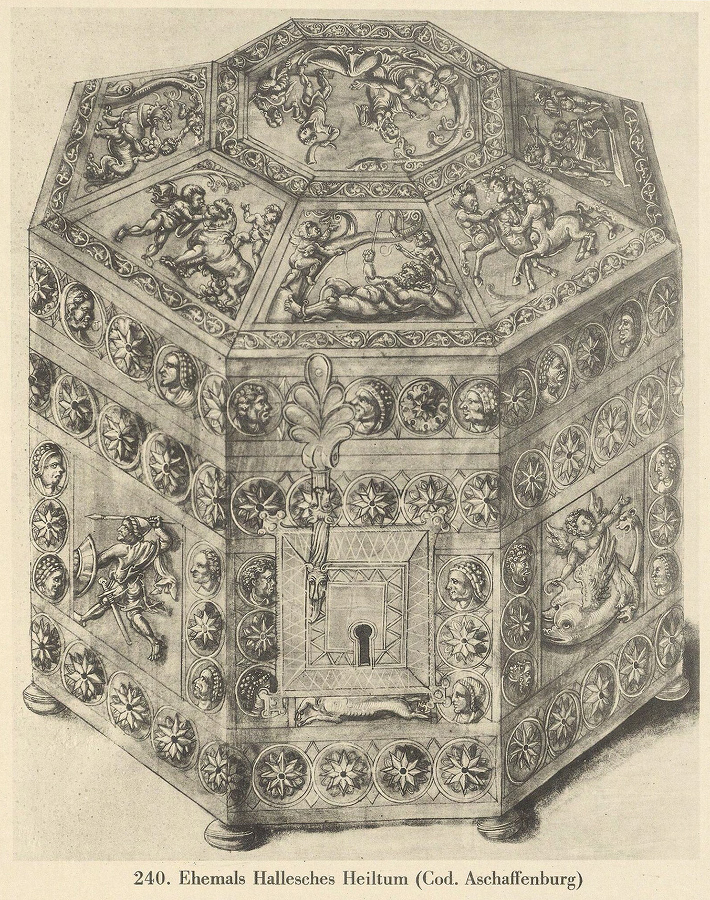 A drawing of an octagonal, ivory box.