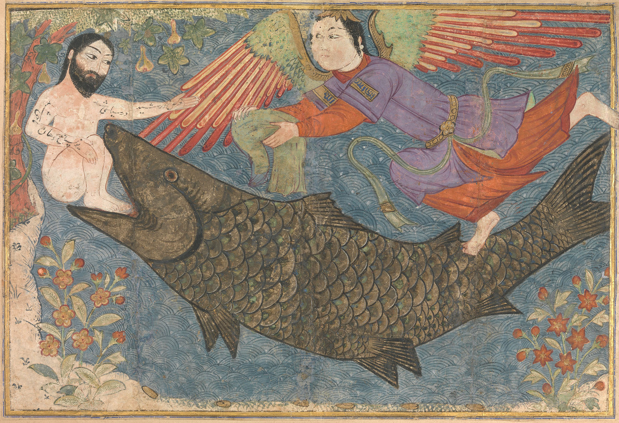 A painting of a naked man in the mouth of a fish with a winged figure above.