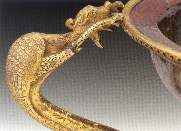 Chalice with handles resembling dragons.