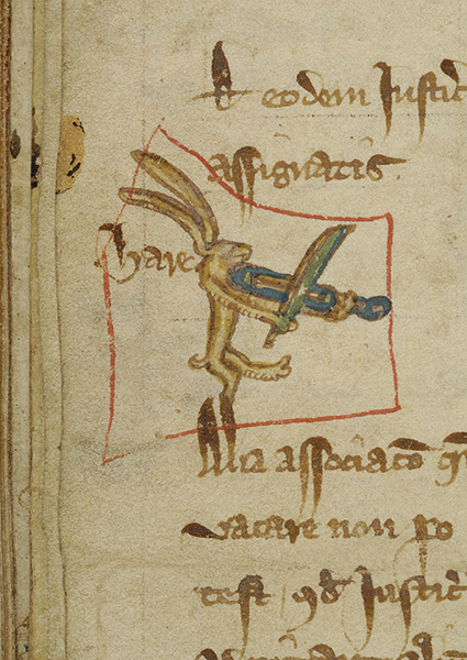 Detail from a manuscript of a rabbit playing a fiddle or rebec next to Latin text.