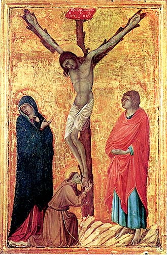 Painting of a partially nude, bearded man hanging from a tree-like cross, who is flanked by a woman wearing a dark cloak, a kneeling man, and a man standing to the right who wears a red cloak.