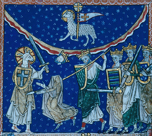 Within semicircle, lamb with halo holding staff surmounted by circle enclosing cross and banner with cross, above human body with haloed lamb’s head holding cross-inscribed shield and sword in front of decapitated crowned king and four crowned kings, all holding shields, the first holding spear and the other three holding swords; all against blue and starry background. 