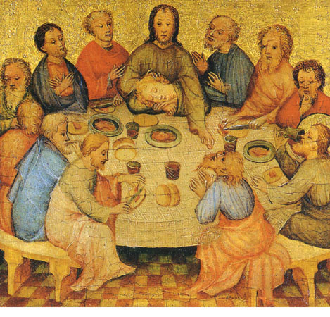 Fourteen men, one resting in arms of the central male figure, all surrounding table containing loaves of bread, plates, cups and utensils. 