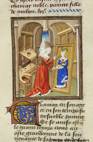 A manuscript miniature detail depicting a woman, wearing a veiled henin and red dress, holding a brush to a painting of a woman in fashionable dress on a painted panel. Painting tools and cups, on desks with a curved chair in a barrel-vaulted room. The miniature within one column of French text, and large decorated initial T in blue and gold colors.