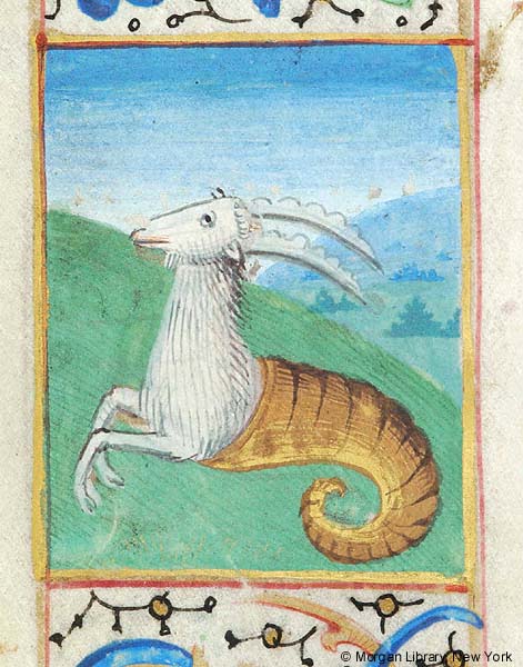 Against a landscape, a hybrid animal with the foreparts of a goat and the tail of a fish.